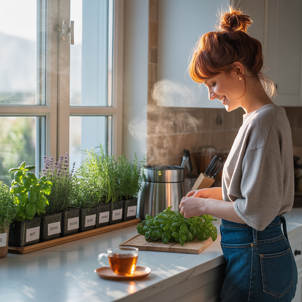 Bright, modern kitchen and bathroom with labeled pots of mint, thyme, rosemary, oregano, basil, and lavender placed on window ledges and counters, illustrating how indoor herbs can manage humidity and prevent mold. Natural light, fresh ambiance, and clear windows convey improved air quality.