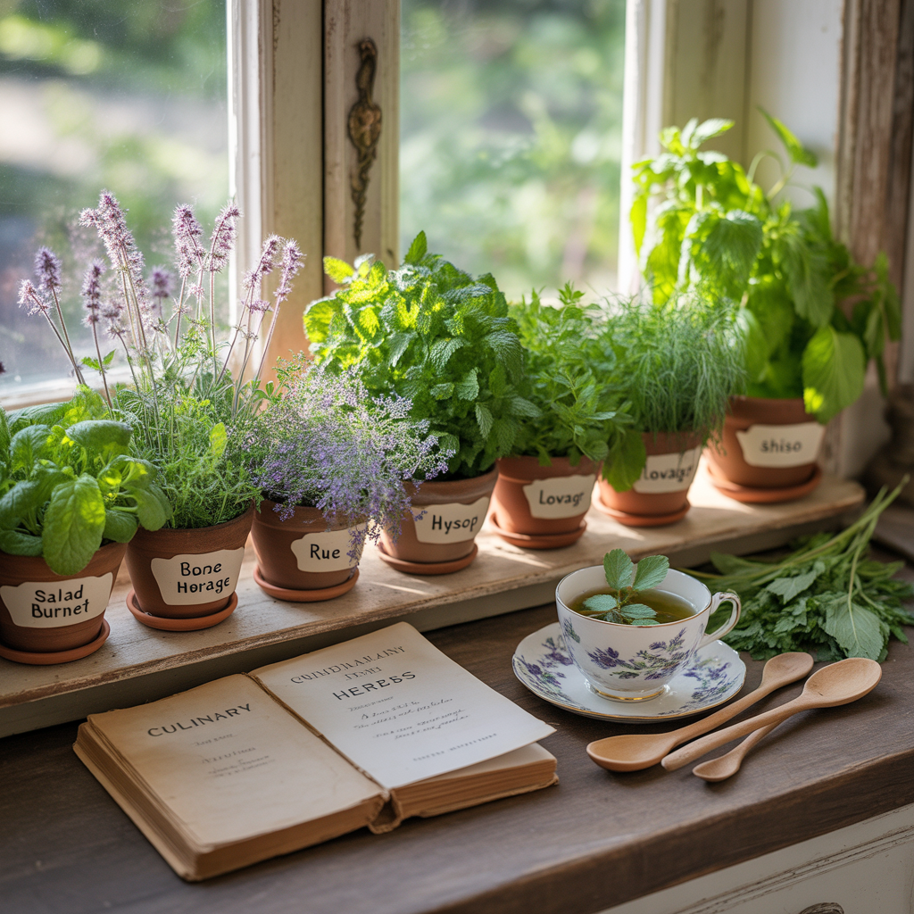 Sunlit kitchen windowsill lined with rare and historic herbs—salad burnet, borage, rue, hyssop, lovage, and shiso—in unique pots with handwritten labels, surrounded by vintage kitchen tools and a herbal tea in progress