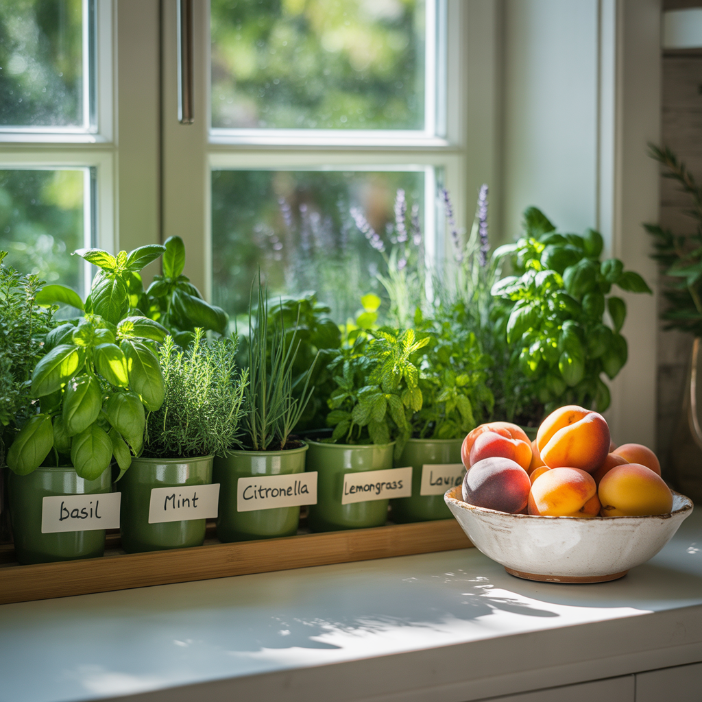 Bright kitchen windowsill filled with labeled pots of basil, mint, citronella, bay, lemongrass, and lavender, next to a fruit bowl, illustrating how herbs can naturally keep indoor spaces free of insects