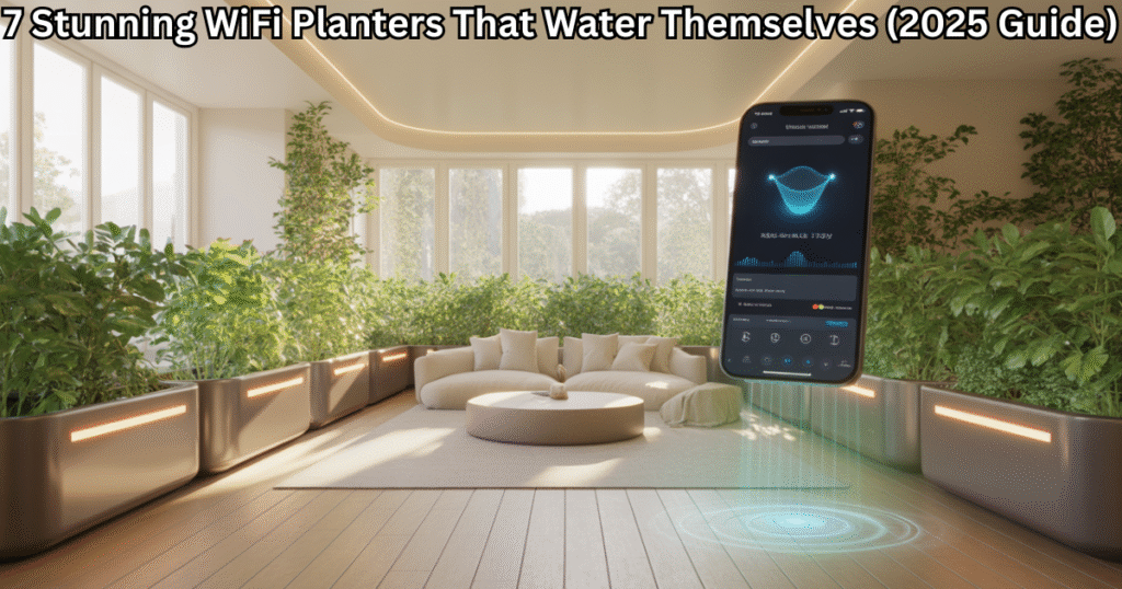 Futuristic WiFi planters that water themselves in a modern living room with smart app control — sustainable indoor gardening setup 2025.