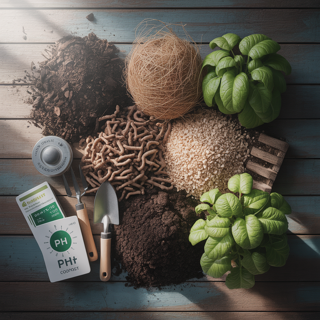 best soil for home gardening ingredients with compost coco coir perlite and pH test kit
