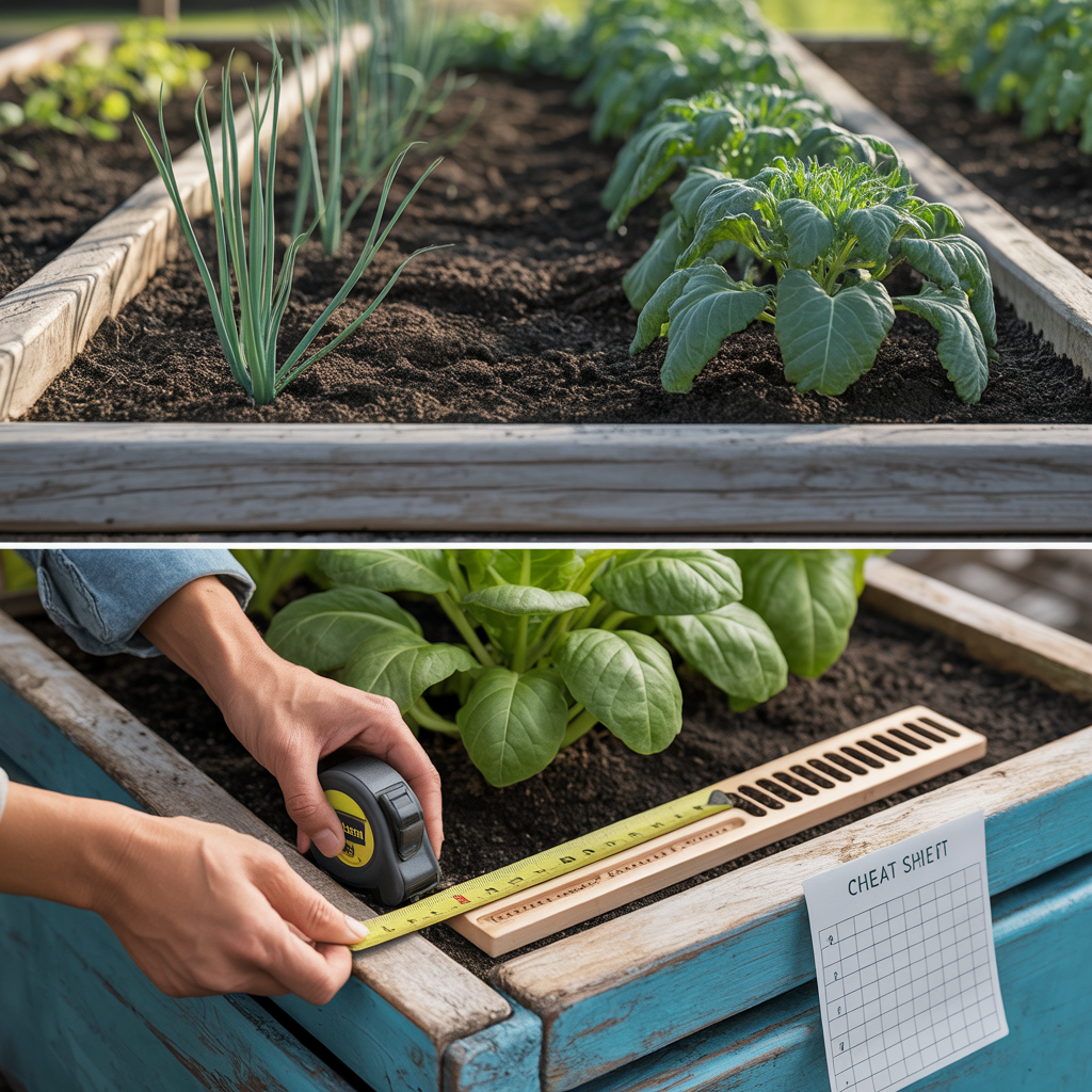 Measuring tape and seed-spacing guide for accurate plant spacing and better yields.