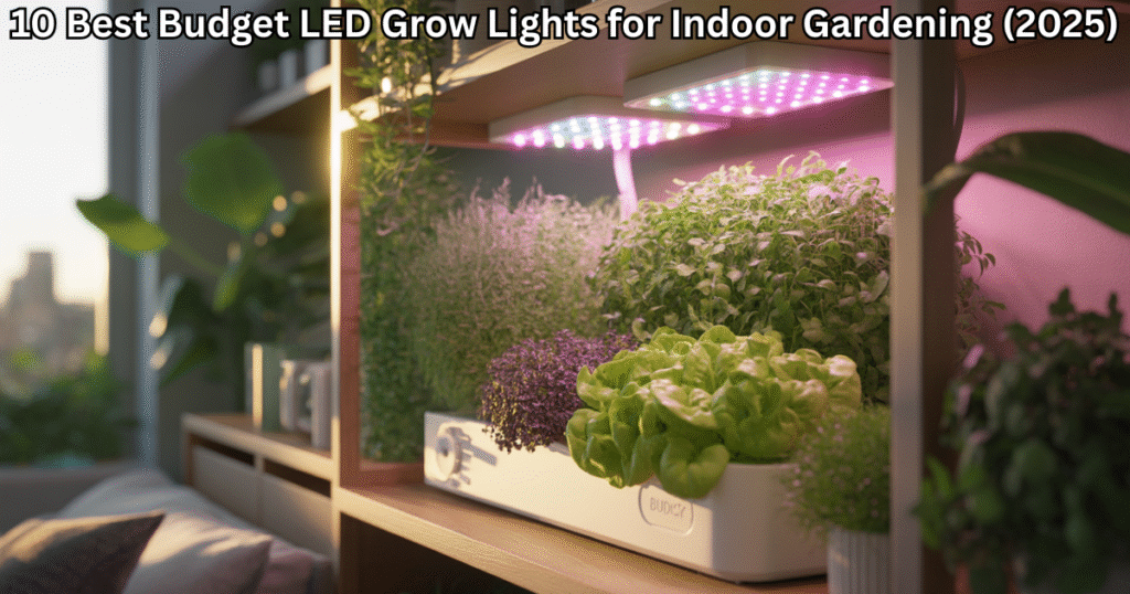 Modern indoor garden with herbs and greens thriving under budget LED grow lights for indoor gardening.