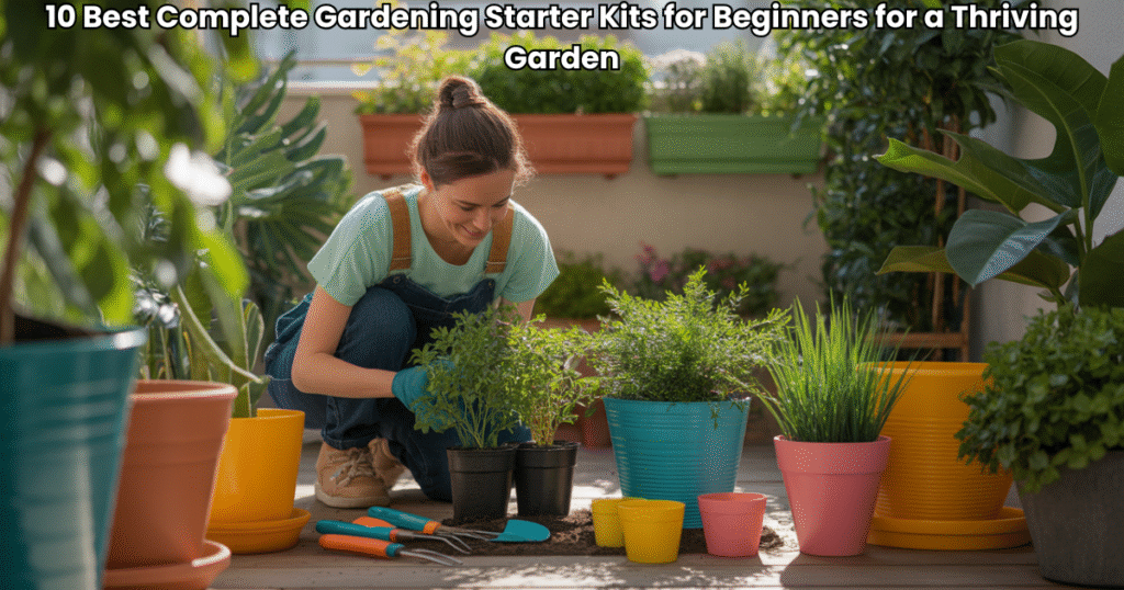 Beginner using complete gardening starter kit tools to grow plants in balcony garden 2025.