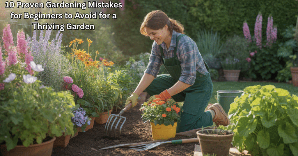 “Beginner gardener learning from common gardening mistakes for beginners while growing a thriving garden.