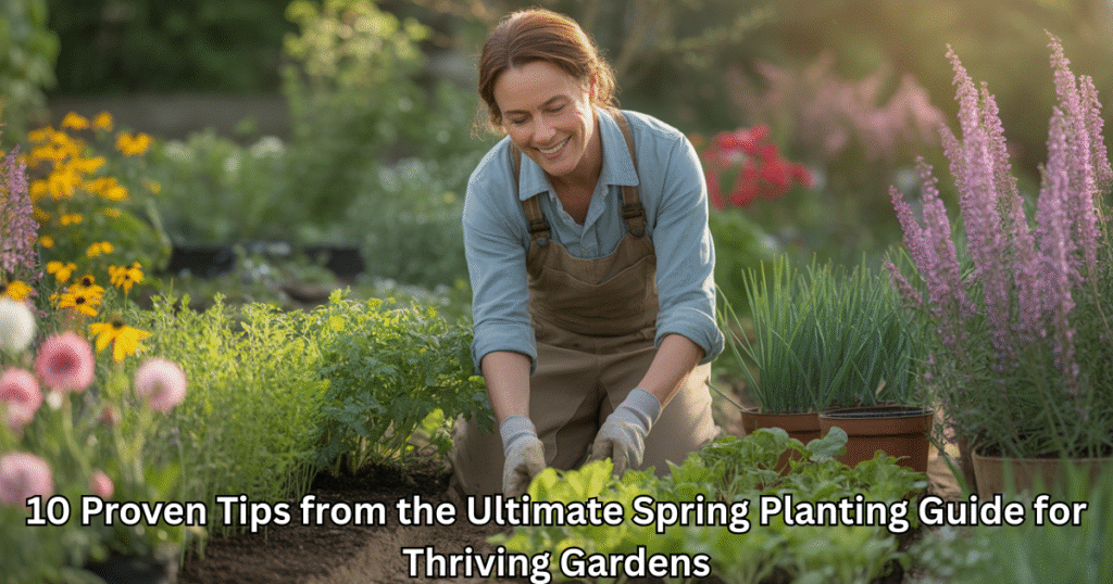 Gardener planting vegetables and flowers following a spring planting guide in a lush green garden.