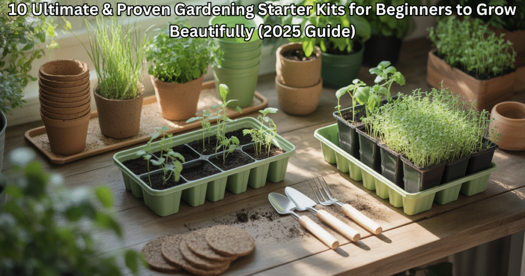 Flat lay of colorful gardening starter kits for beginners with pots, seeds, and tools on a wooden table in sunlight — symbolizing home gardening and natural growth.