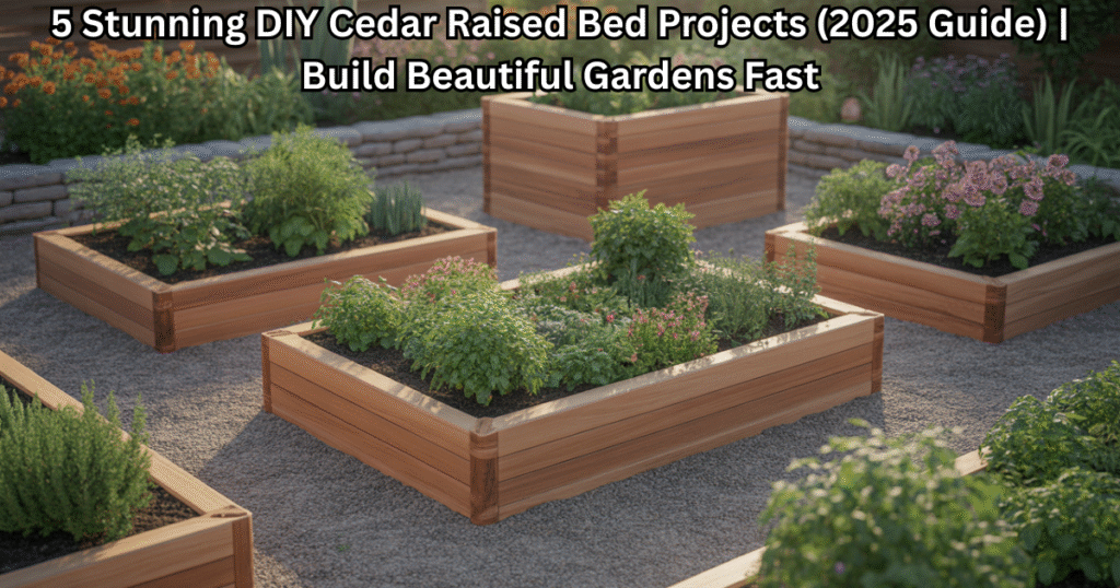 DIY cedar raised bed projects in a lush home garden — showcasing classic, tiered, elevated, and modular designs with vegetables and herbs.