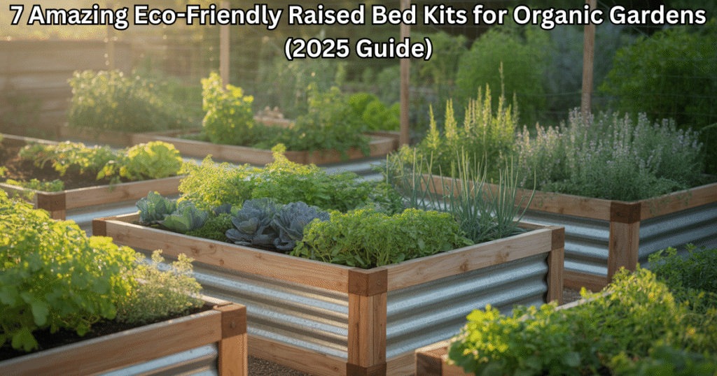 eco-friendly raised bed kits for organic gardens — sustainable planter systems filled with organic vegetables