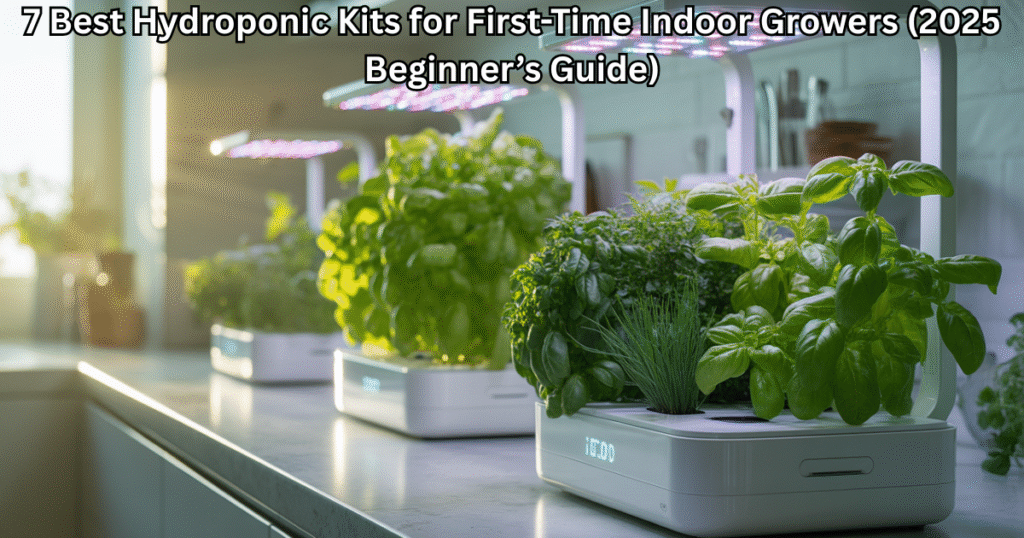 Hydroponic kits for first-time indoor growers placed on a kitchen counter with herbs and LED grow lights, symbolizing sustainable indoor gardening.