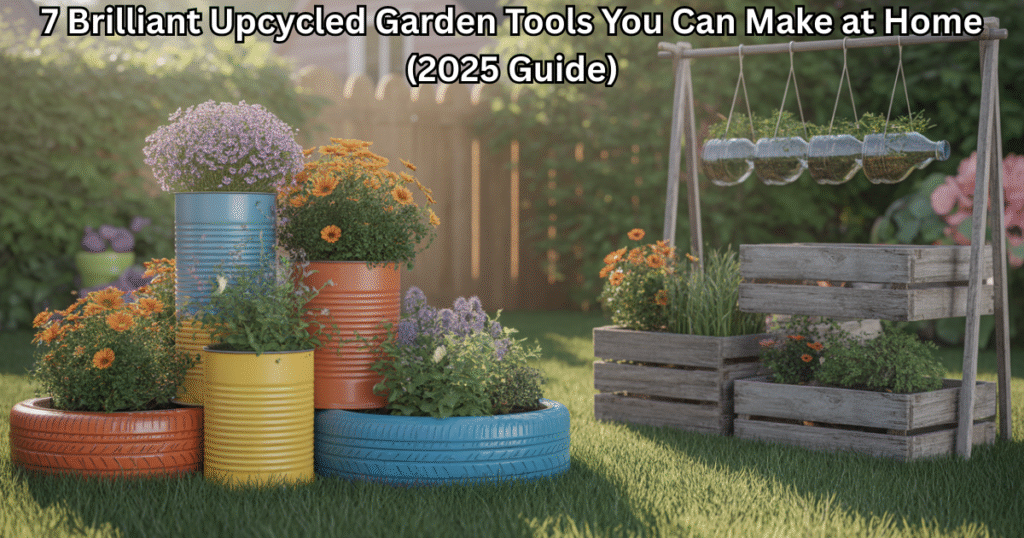 Upcycled garden tools used in DIY sustainable gardening project.