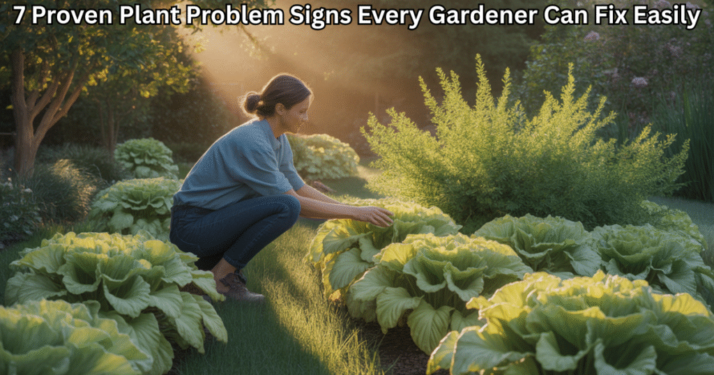 Gardener examining yellow leaves and droopy stems in a lush green garden under soft morning sunlight — representing common plant problem signs and their easy fixes