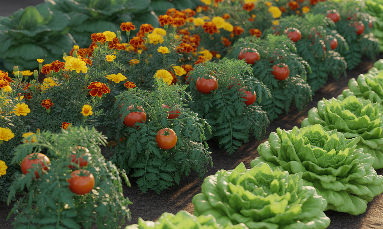 Companion plants from the spring planting guide: marigolds, lettuce, and tomatoes growing together.