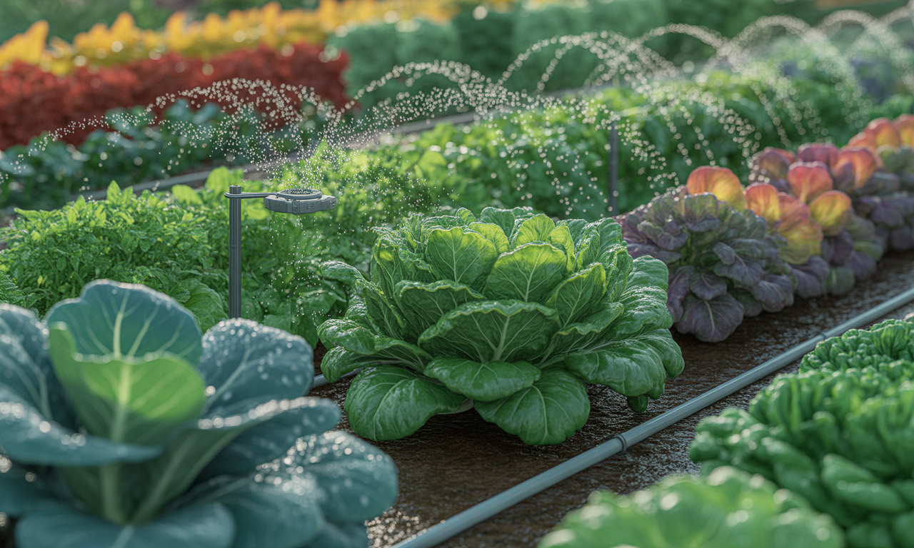 Healthy garden plants flourishing due to an automatic watering system for gardeners.