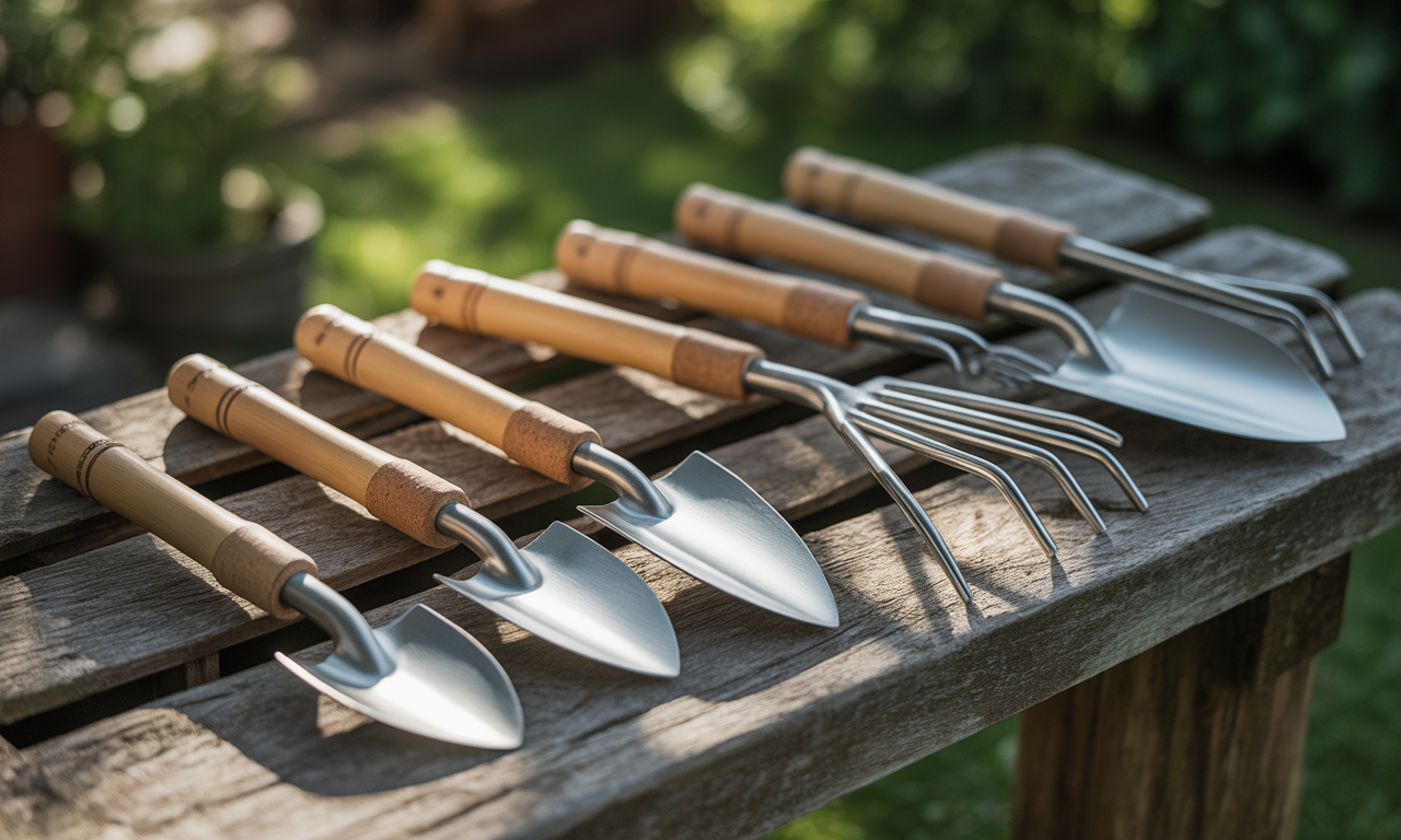 Eco-friendly sustainable garden tools made from bamboo and recycled steel.