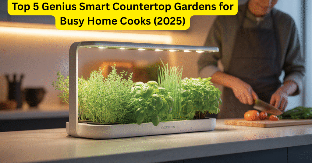 Smart countertop gardens for busy home cooks in a modern kitchen setting.