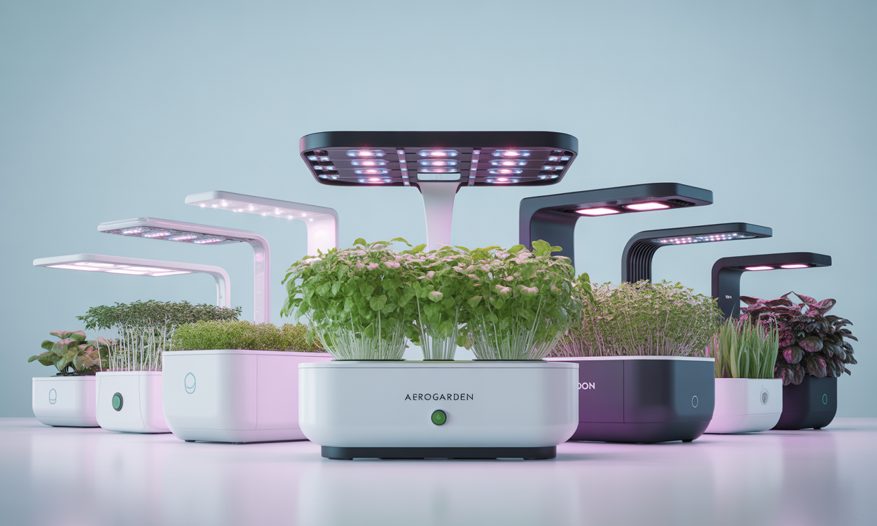 Different models of hydroponic kits for beginners lined up together