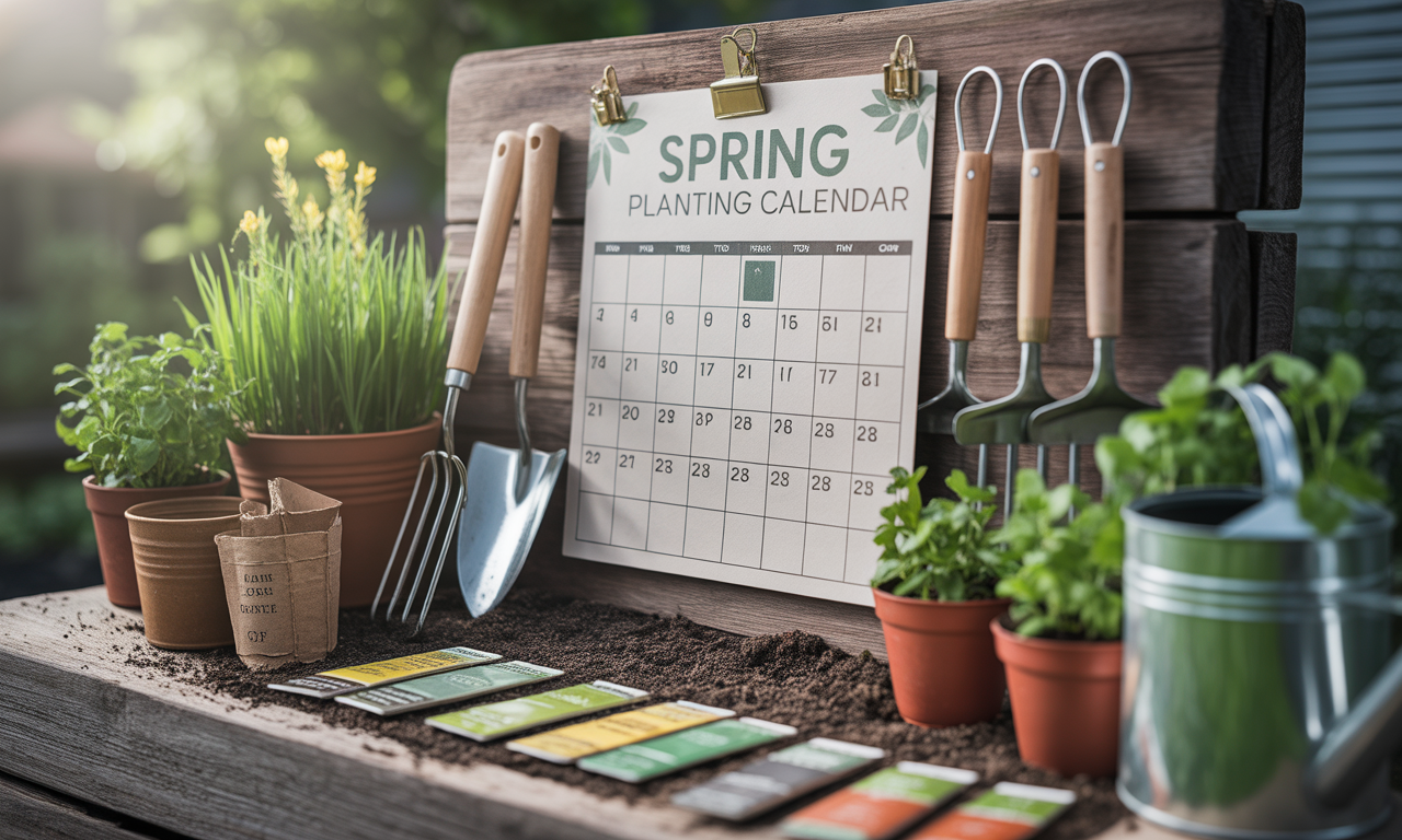 Printable spring planting guide calendar showing vegetable and flower schedules.